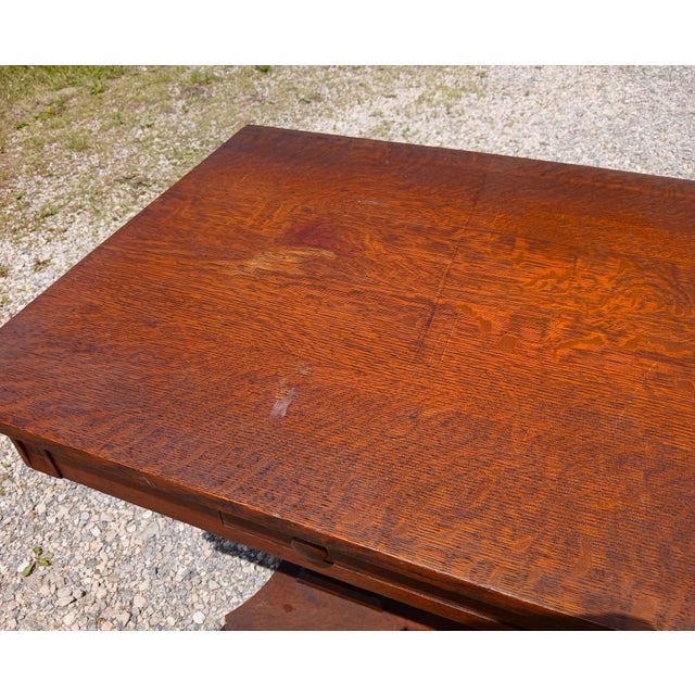 Antique Mission Quarter Sawn Oak Double Pedestal Library Table 1920 For Sale - Image 13 of 17