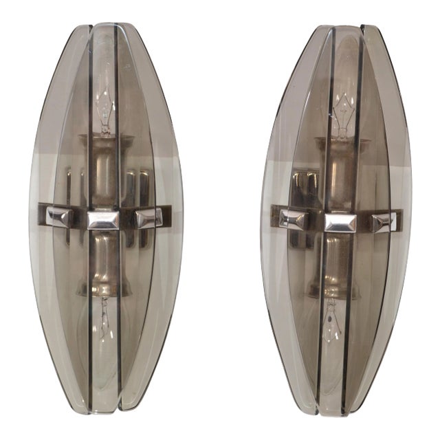 Fontana Arte Style Smoked Beveled Glass 2-Light Wall Sconce Italy 1960, Pair For Sale