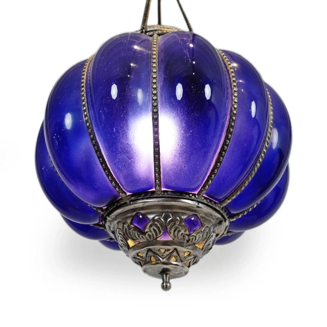 Indian Vintage Blue Glass Pumpkin Pendant Light For Sale - Image 3 of 6