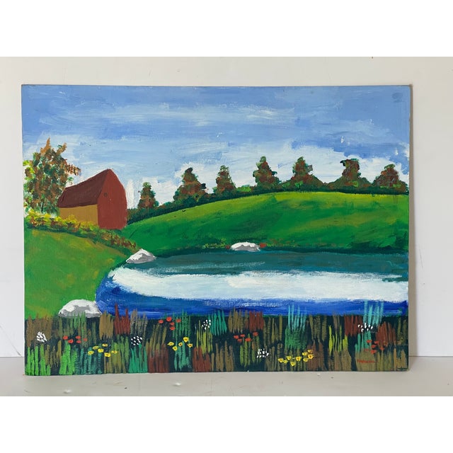 Impressive colourful naive folk art American rural landscape with barn oil on board painting, signed lower right.