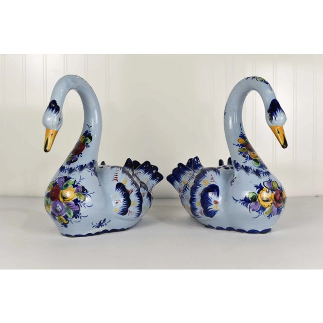 Mid 20th Century Vintage Ceramic Decorated Swans Floral Display - a Pair For Sale - Image 5 of 12