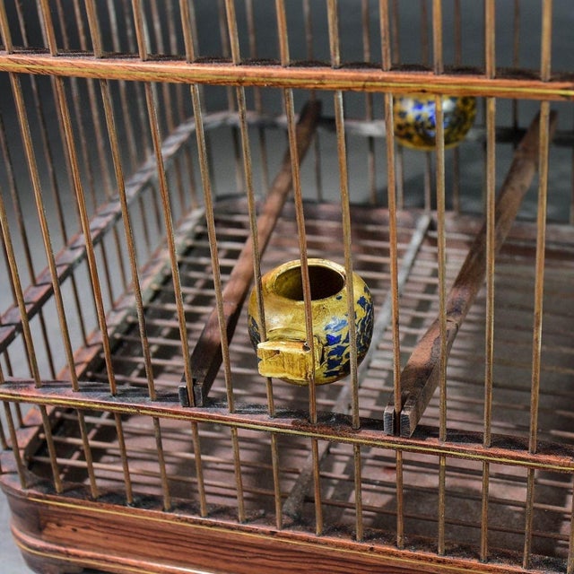Wood Antique Rosewood Birdcage With Gemstone Inlay and Porcelain Feeders For Sale - Image 7 of 9