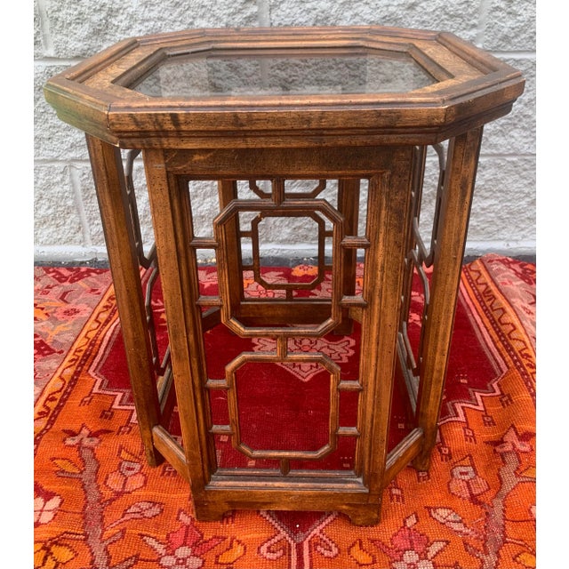 Brown Geometric Wooden Fretwork and Glass Side Table For Sale - Image 8 of 11