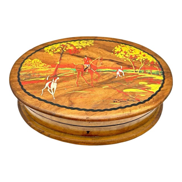 Late 1800s Antique Hand Painted Hunt Scene Signed Wooden Box For Sale