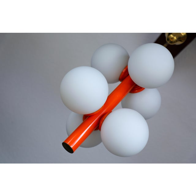 Atomic Sputnik Pendant Light with Orange Rod and White Opaline Globes from Kaiser-Leuchten, 1970s For Sale - Image 17 of 18