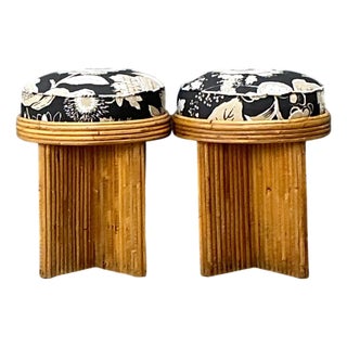Vintage Schumacher Pencil Reed Upholstered Stools - Pair For Sale