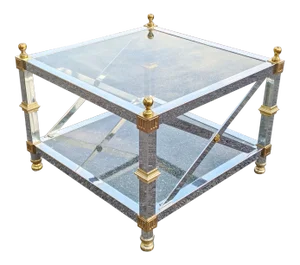 Vintage French Maison Jansen Chrome and Brass X-Base Glass Top Square Side Table