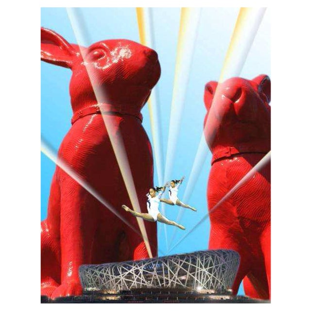William Sweetlove, Olympic Stars Between Cloned Rabbits, Original Lithograph, 2008 For Sale