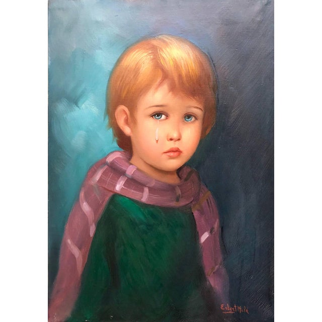 Modern Erbert Mule, 1970s Big Eyed Waif Sad Child With Scarf Oil Painting For Sale - Image 3 of 6