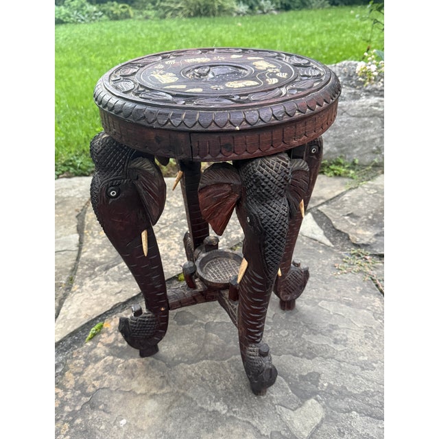 English Antique Anglo-Indian Hand-Carved Elephant Side Table With Bone Inlay For Sale - Image 3 of 18
