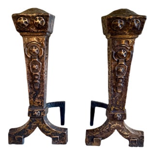 Antique Cast Iron Burnished Andirons by Ohio F & M Co. 1920s For Sale