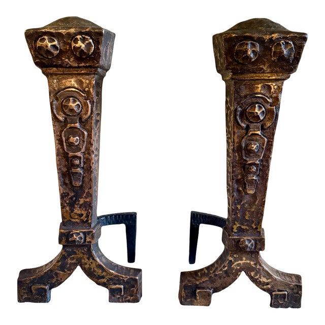 Antique Cast Iron Burnished Andirons by Ohio F & M Co. 1920s For Sale