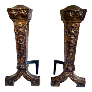 Antique Cast Iron Burnished Andirons by Ohio F & M Co. 1920s