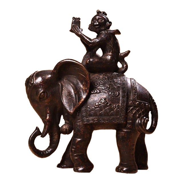 Antique Chinese Solid Copper "Feng Hou Bai Xiang" Monkey on Elephant Figurine - Auspicious Scholar Official Symbol, Heavy Bronze Sculpture For Sale