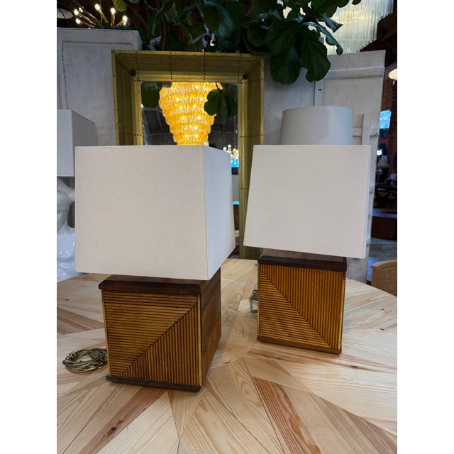 1970s 1970s Italian Reeded Wood Table Lamps - a Pair For Sale - Image 5 of 8