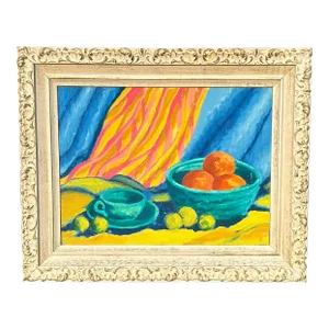 Vintage Impressionist Still-Life Oil Painting Bright Colors Oranges Yellow & Blue