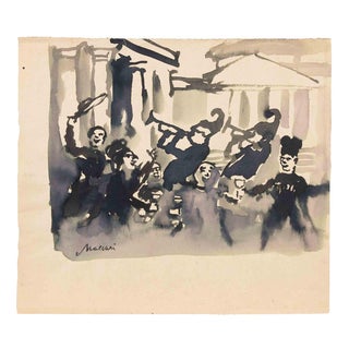 Mino Maccari, Music in Rome, 1955, Watercolor For Sale