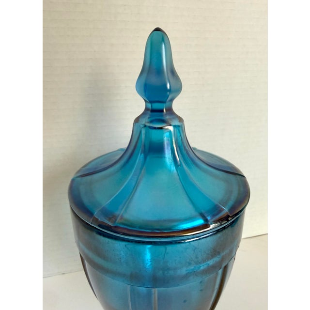 Fenton Art Glass Company Early 20th Century Iridescent Peacock Blue Lidded Pedestal Candy Jar, Attributed to Fenton For Sale - Image 4 of 11