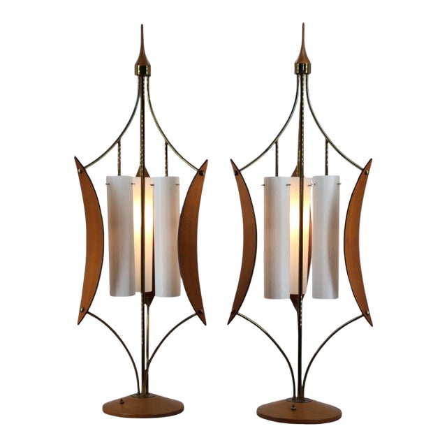 1960s Modeline Style Vintage Mid Century Modern Brass and Walnut Sculptural Table Lamp - a Pair For Sale