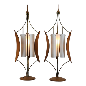 1960s Modeline Style Vintage Mid Century Modern Brass and Walnut Sculptural Table Lamp - a Pair