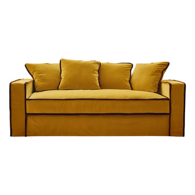 Rafaella Two-Seater Sofa in Mustard Yellow Velvet with Dark Red Trim from Biosofa For Sale