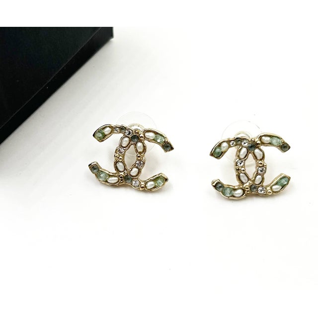 Contemporary Chanel Gold CC Seed Pearl Mint Crystal PIercing Earrings, A Pair For Sale - Image 3 of 4