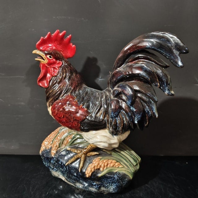 Art Deco Mid 20th Century Ceramic Rooster Figurine "Abundant Harvest," Red Comb & Black Tail, Rice-Ear Base For Sale - Image 3 of 6
