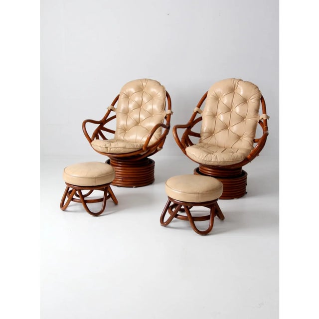 Mid-Century Rattan Swivel Chairs With Ottomans - 4 Pieces For Sale - Image 13 of 16