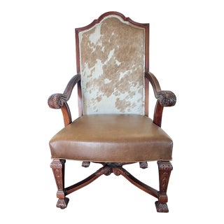 Vanguard Cowhide and Leather Carved Wood Arm Chair For Sale