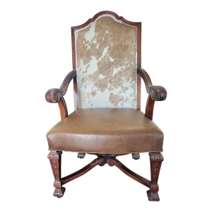 Vanguard Cowhide and Leather Carved Wood Arm Chair