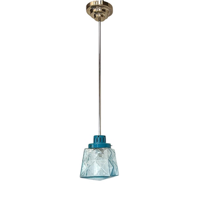 French Pendant Lamp in Geometric Blue Glass, 1950s For Sale