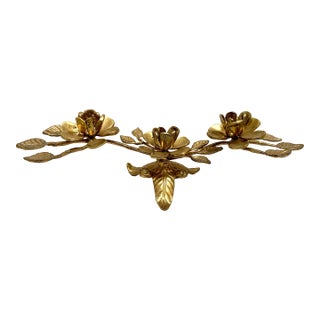 Golden Brass Vintage Floral Design Candelabra For Sale