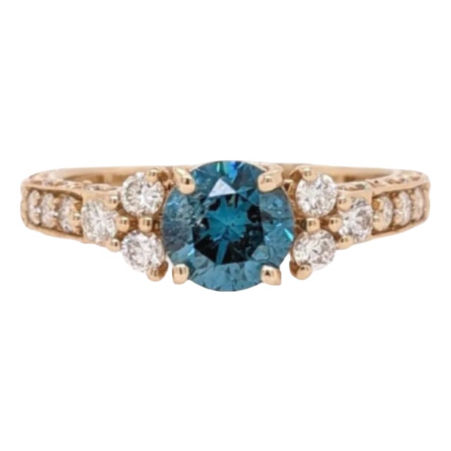 Vintage Inspired Blue Diamond Ring: Solid 14k Yellow Gold, Round 6mm, Size 6.75 For Sale