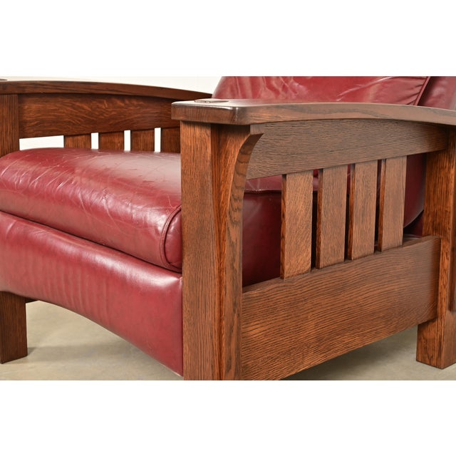 Stickley Mission Oak Arts & Crafts Bow Arm Reclining Lounge Chair, Newly Refinished For Sale - Image 9 of 15