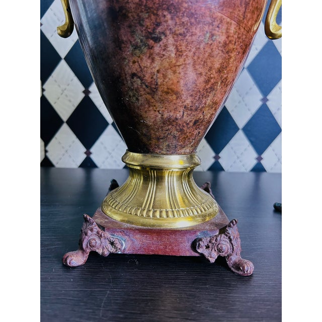 1970s Grand Neoclassical Patinated Metal Urns With Gilt Scroll Handles, Pair, 16" For Sale In Boston - Image 6 of 15