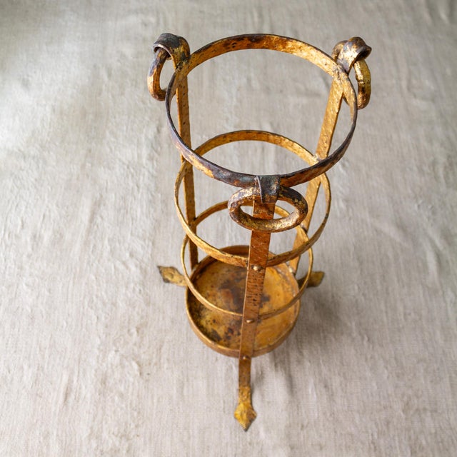 Neoclassical Umbrella Stand of Gilded and Hammered Iron on Footed Base For Sale - Image 17 of 18