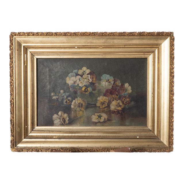 Late 19th Century Victorian Oil on Canvas Painting of Pansies For Sale