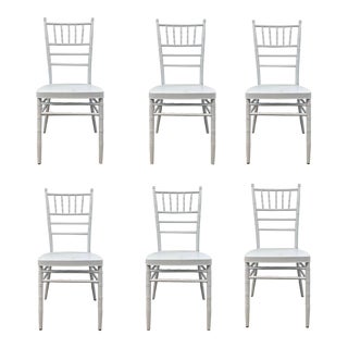 Asian Modern White Metal Bamboo Side Dining Chairs Set of 6 For Sale