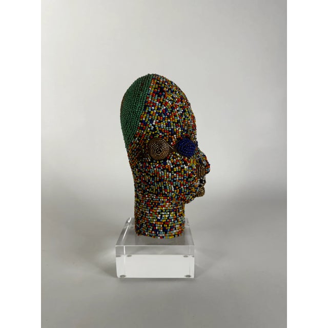 African Mid 20th Century Beaded Head From Cameroon on Lucite Plinth For Sale - Image 3 of 6