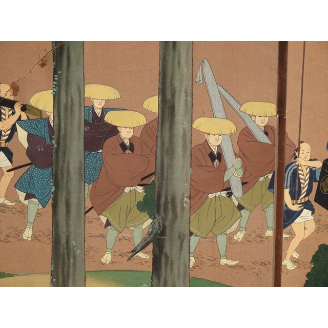 1950s Vintage Japanese Byobu Four Panel Folding Screen Picture Caravan of Men Signed For Sale - Image 5 of 18