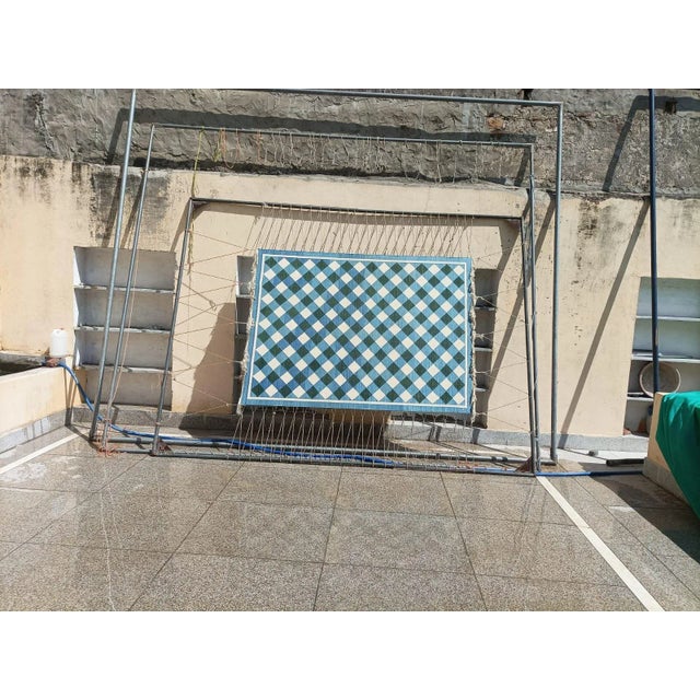 Handmade Cotton Area Rug, Forest Green, Sky Blue and Cream Small Checked Dhurrie - 9'x12' For Sale - Image 13 of 13