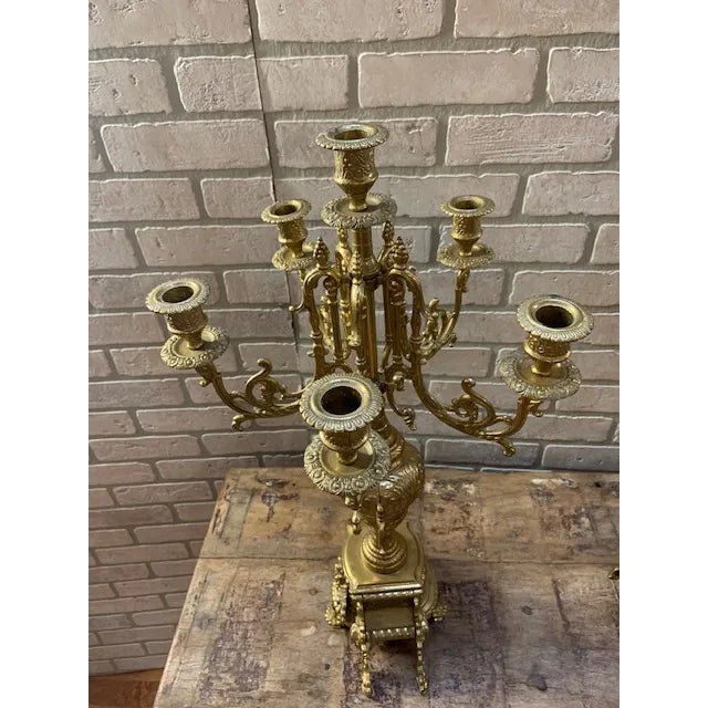 Bronze Antique French Rococo Revival Bronze Garniture Clock Set With Candelabras For Sale - Image 8 of 11
