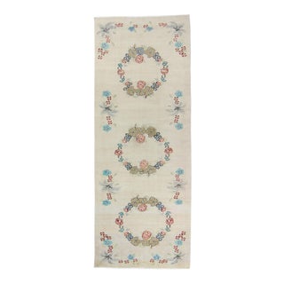 1970s Vintage Oushak Floral Beige Wool and Cotton Hand Knotted Runner - 4’ X 10’4” For Sale