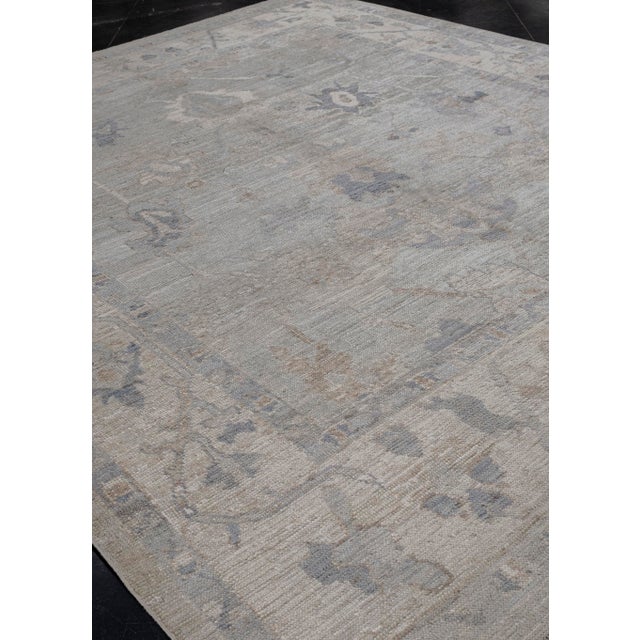 Turkish Oushak Rug Blue & Taupe Handwoven Wool Rug 8'6" X 10'7" This elegant 8'6" x 10'7" Turkish Oushak rug features a...