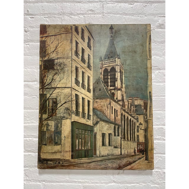 Street Art Mid Century Paris Street Scene Canvas | After Maurice Utrillo | Vintage French Wall Art | European Cityscape Décor | 1950s For Sale - Image 3 of 13