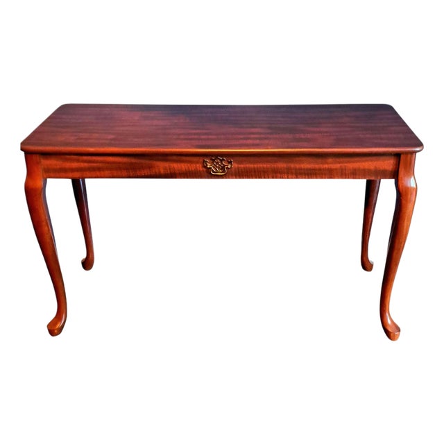 Vintage Queen Anne Cherry Veneer Console Table, 48", Cabriole Legs, Mahogany Finish For Sale