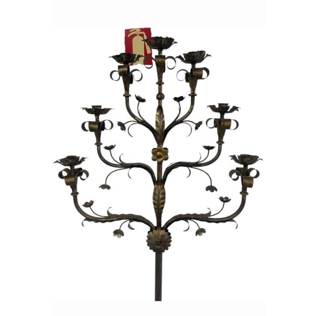 64-Inch Spanish Revival Wrought Iron Nine-Light Tree Form Floor Candelabra For Sale - Image 4 of 12
