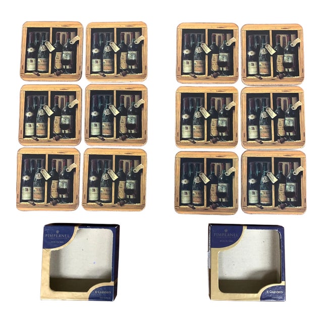 12 Pimpernel Coasters Wine Bottles Trompe l'Oeil Painting Raymond Campbell For Sale