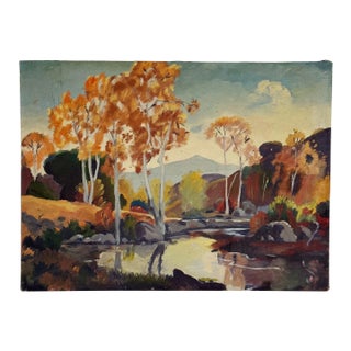 Mid-Century Oil Painting Depicting California Autumn Trees and Lake by Olive Van Bergen For Sale