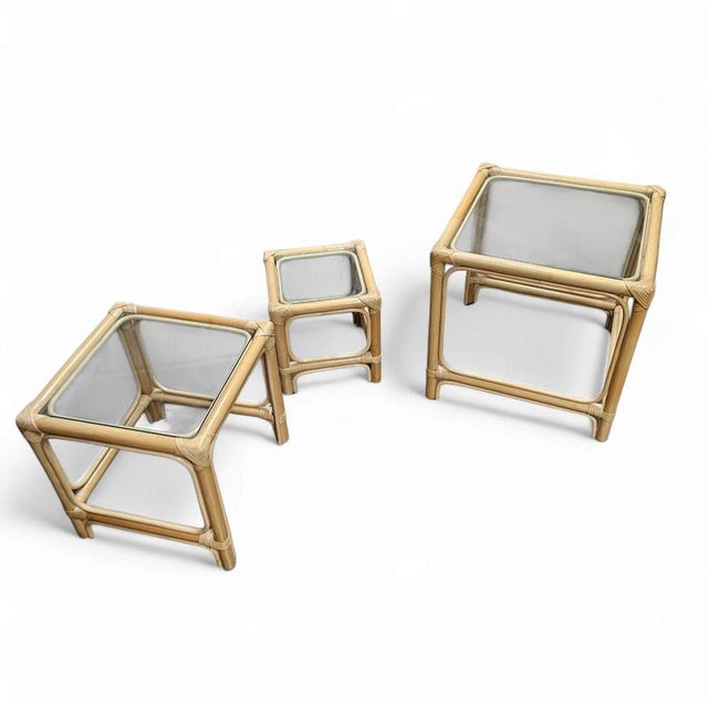 Bamboo Nesting Side Tables with Clear Glass Tops, 1970s, Set of 3 For Sale - Image 4 of 12